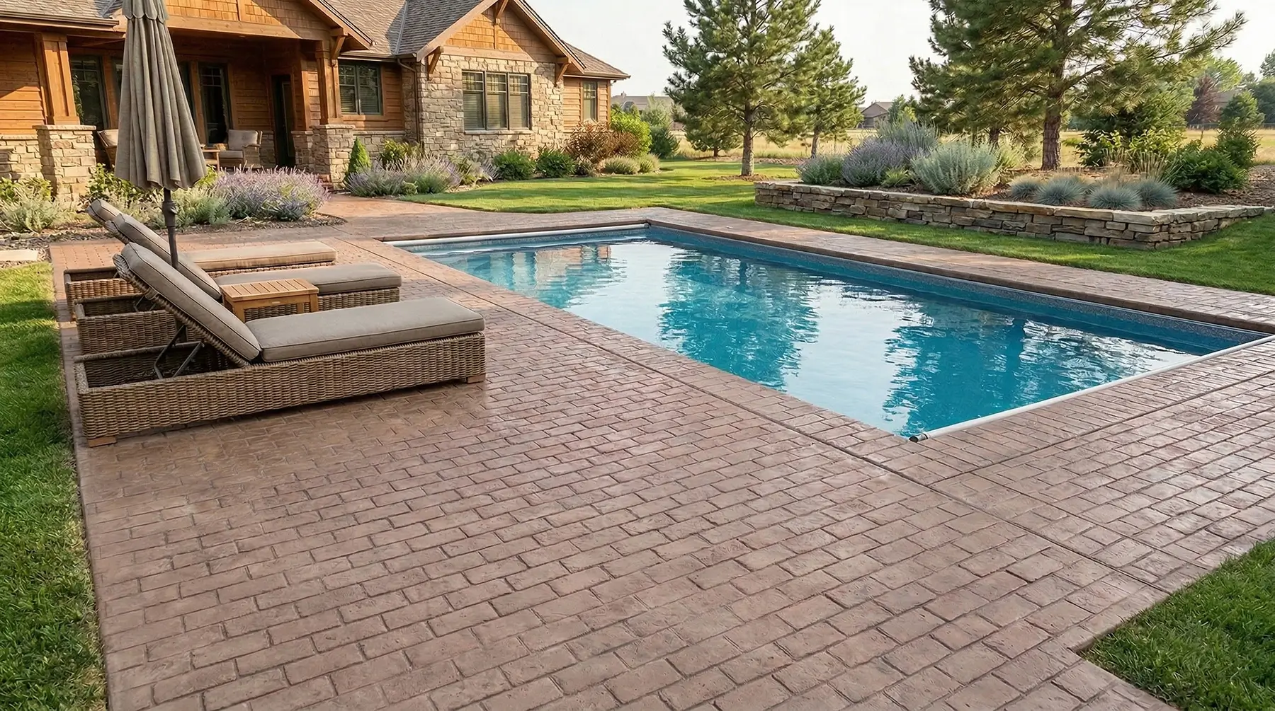 running bond new brick stamped concrete on patio in kuna, idaho